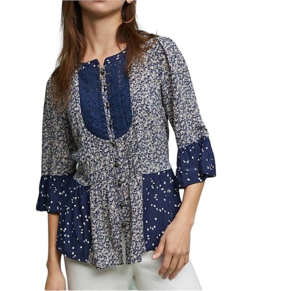 Anthropologie MAEVE Blue Lace Boho Bell Sleeve Blouse‎ Tunic Top Size 4 Peasant